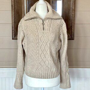Cropped Cable Knit Fisherman Style Zip Front Turtleneck Sweater Sz S